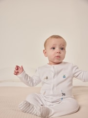 The White Company 100% Cotton Party Animals Print Embroidered White Sleepsuit - Image 1 of 6