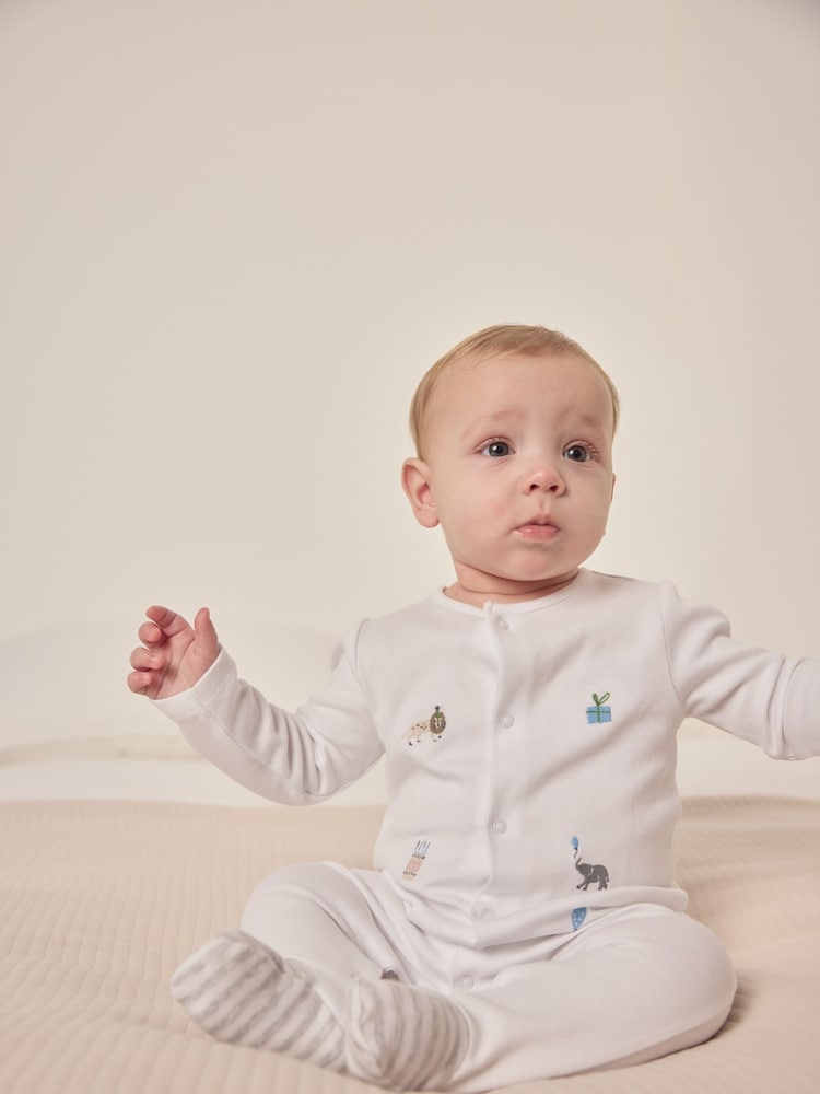 The White Company 100% Cotton Party Animals Print Embroidered White Sleepsuit - Image 1 of 6