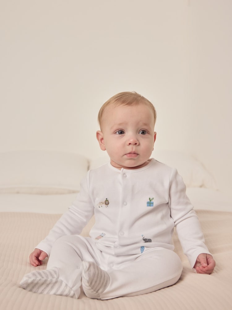 The White Company 100% Cotton Party Animals Print Embroidered White Sleepsuit - Image 2 of 6