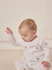 The White Company 100% Cotton Party Animals Print Embroidered White Sleepsuit - Image 3 of 6