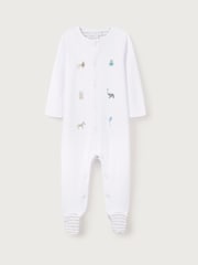 The White Company 100% Cotton Party Animals Print Embroidered White Sleepsuit - Image 5 of 6