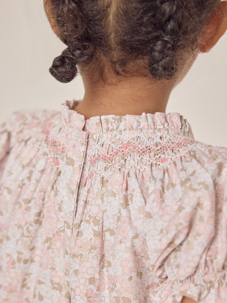 The White Company 100% Cotton Petunia Floral Hand Smocked White Dress - Image 4 of 6