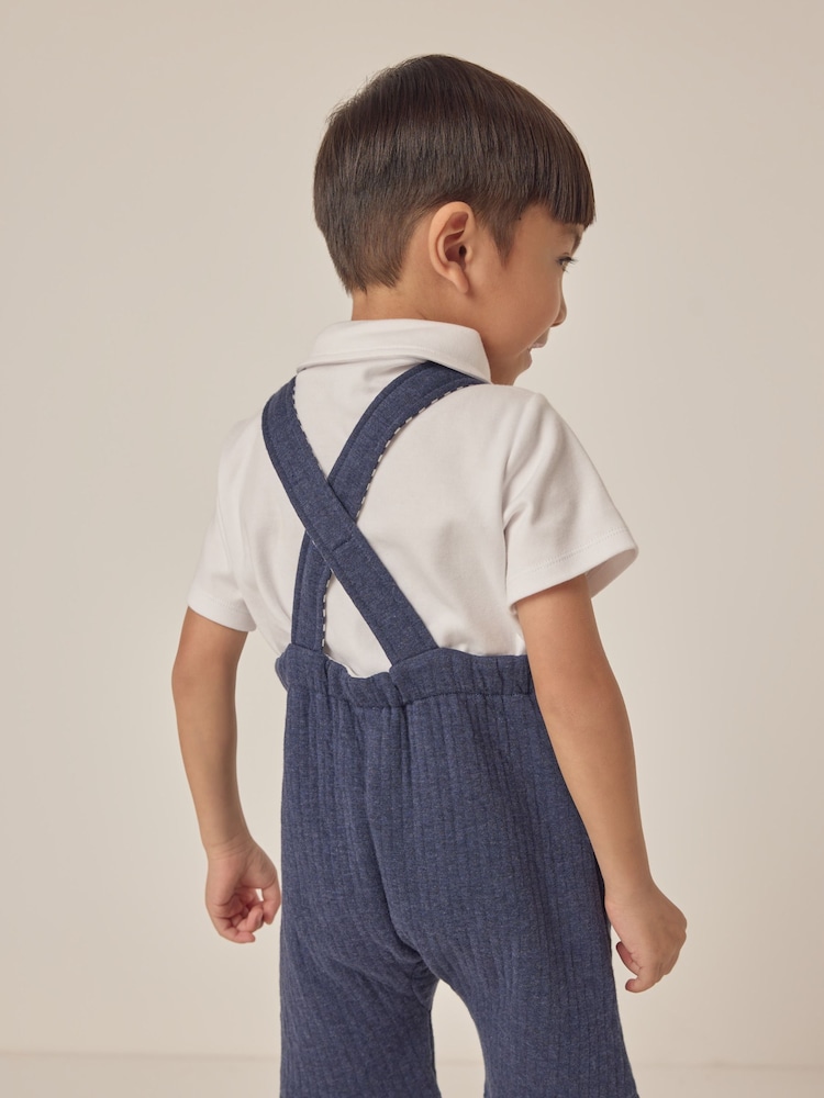 The White Company Blue 100% Cotton Quilted Dungaree And Polo Top Set - Image 2 of 4