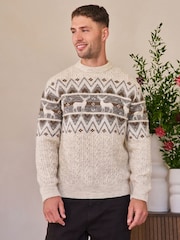 Ecru Regular Fit Matching Family Christmas Stag Fairisle Pattern Jumper with Wool - Image 1 of 9