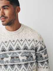 Ecru Regular Fit Matching Family Christmas Stag Fairisle Pattern Jumper with Wool - Image 6 of 9