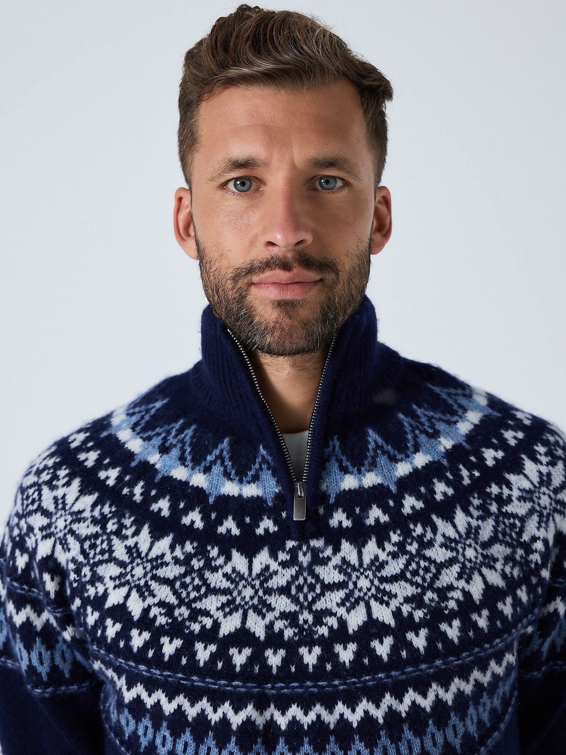 Buy Navy Blue Regular Fit Fairisle Pattern Quarter Zip Neck Jumper