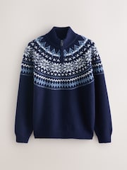 Navy Blue Regular Fit Fairisle Pattern Quarter Zip Neck Jumper with Wool - Image 6 of 8