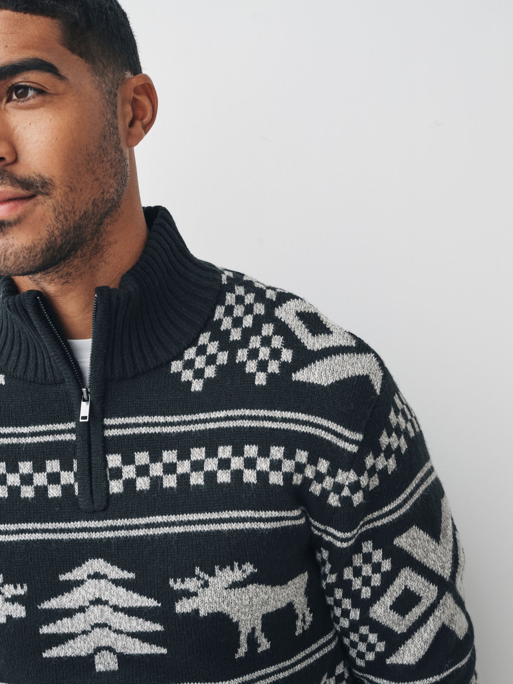 Buy Black/White Christmas Moose Quarter Zip Neck Jumper with Wool