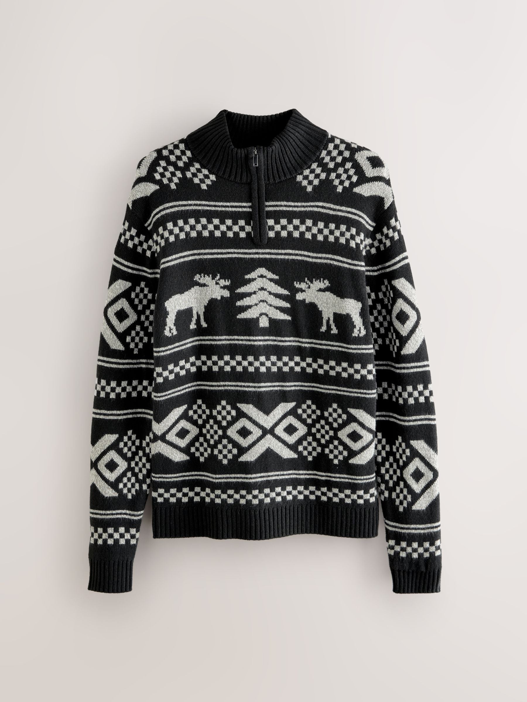 Buy Black/White Christmas Moose Quarter Zip Neck Jumper with Wool