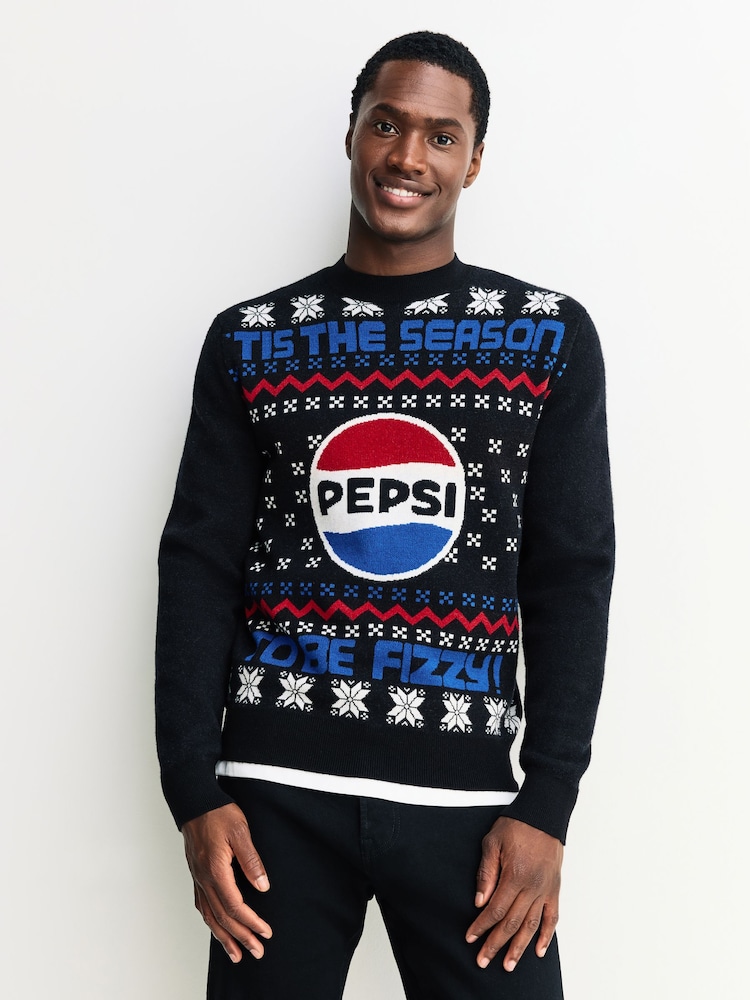 Black Regular Fit Christmas Pepsi Fairisle Pattern Graphic Crew Neck Jumper - Image 2 of 8 Black Regular Fit Christmas Pepsi Fairisle Pattern Graphic Crew Neck Jumper - Image 2 of 8