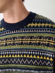 Green/Blue Regular Fit Fairisle Pattern Crew Neck Jumper - Image 4 of 7