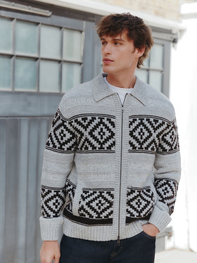 Grey/Black Regular Fit Fairisle Pattern Zip Through Cardigan with Wool - Image 1 of 8