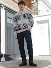Grey/Black Regular Fit Fairisle Pattern Zip Through Cardigan with Wool - Image 2 of 8