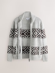 Grey/Black Regular Fit Fairisle Pattern Zip Through Cardigan with Wool - Image 6 of 8