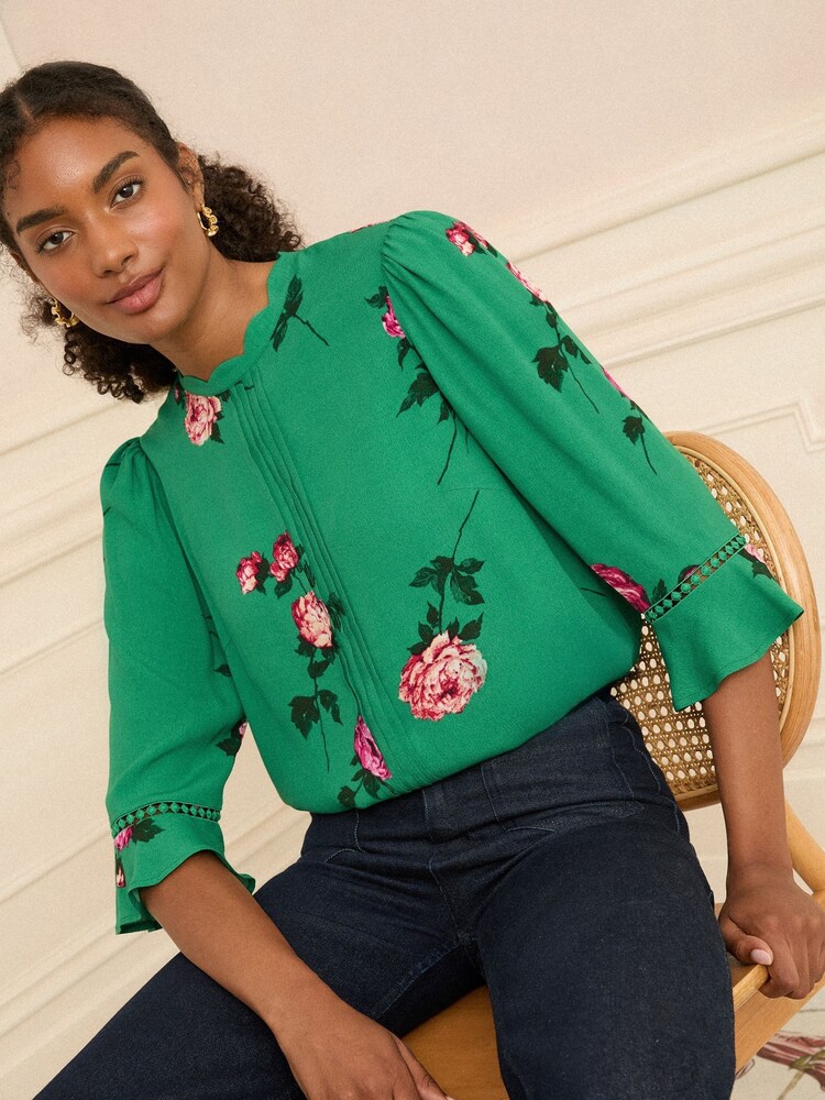 Love & Roses Green Floral Print 3/4 Flute Sleeve Blouse - Image 1 of 4 Love & Roses Green Floral Print 3/4 Flute Sleeve Blouse - Image 1 of 4