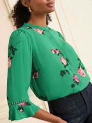 Love & Roses Green Floral Print 3/4 Flute Sleeve Blouse - Image 2 of 4