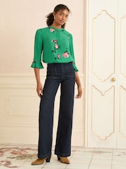 Love & Roses Green Floral Print 3/4 Flute Sleeve Blouse - Image 3 of 4