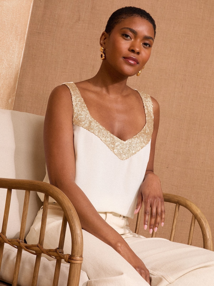 Love & Roses White/Ecru Gold Sequin V-Neck Vest - Image 1 of 4