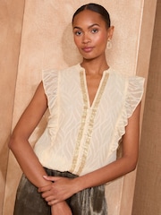 Love & Roses White Ecru Burnout Print Flutter Sleeve V-Neck Blouse - Image 1 of 4