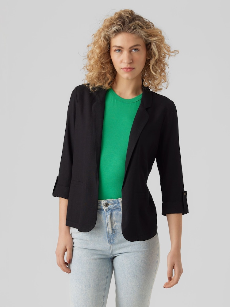 VERO MODA Black Linen Blend 3/4 Sleeve Jacket - Image 1 of 6