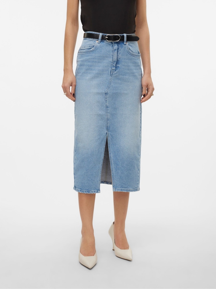 VERO MODA Blue High Waisted Denim Midi Skirt - Image 3 of 7