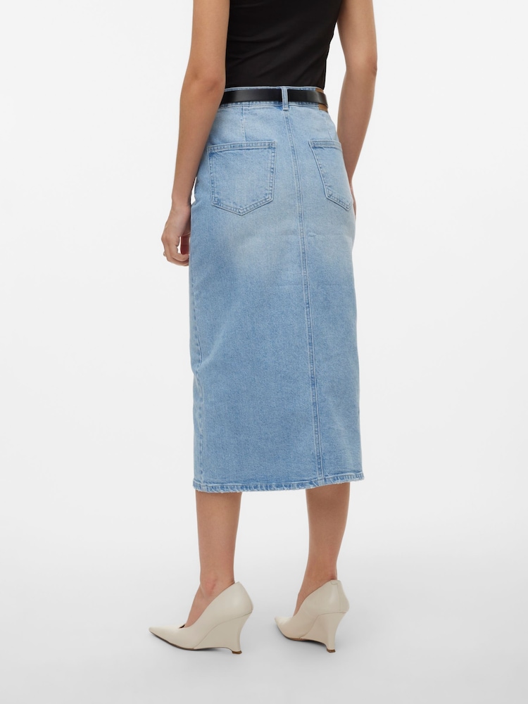 VERO MODA Blue High Waisted Denim Midi Skirt - Image 4 of 7