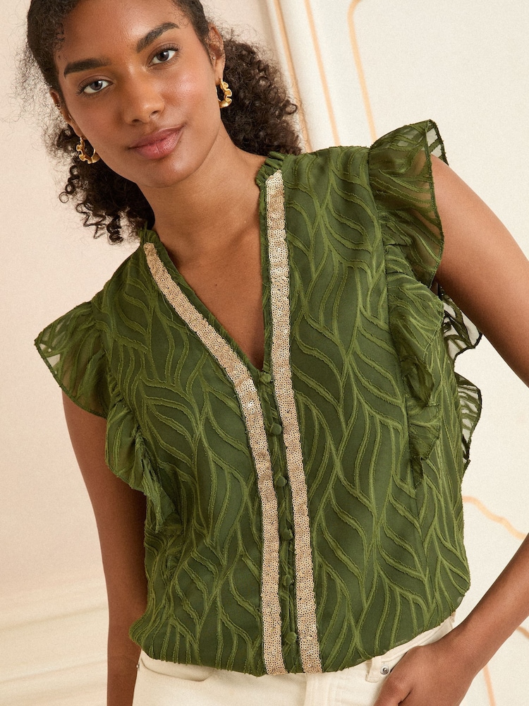 Love & Roses Khaki Green Burnout Print Flutter Sleeve V-Neck Blouse - Image 1 of 4