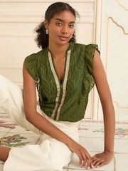 Love & Roses Khaki Green Burnout Print Flutter Sleeve V-Neck Blouse - Image 2 of 4