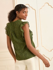Love & Roses Khaki Green Burnout Print Flutter Sleeve V-Neck Blouse - Image 3 of 4