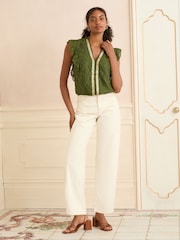 Love & Roses Khaki Green Burnout Print Flutter Sleeve V-Neck Blouse - Image 4 of 4