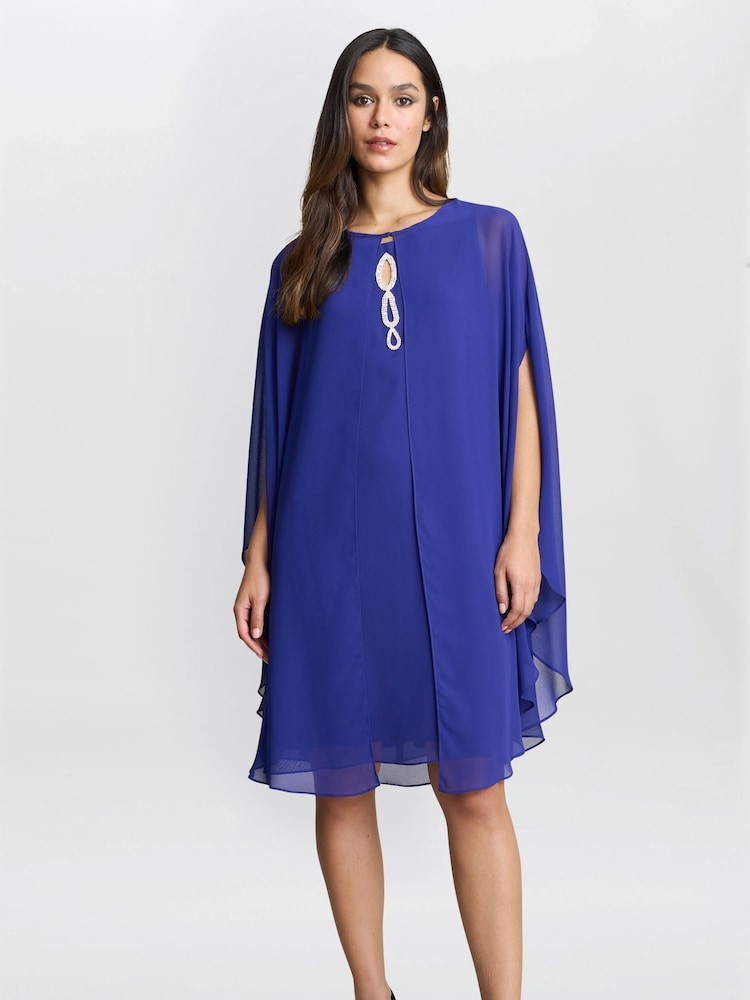 Gina Bacconi Blue Laura Chiffon Cape And Beaded Neck Dress - Image 1 of 6