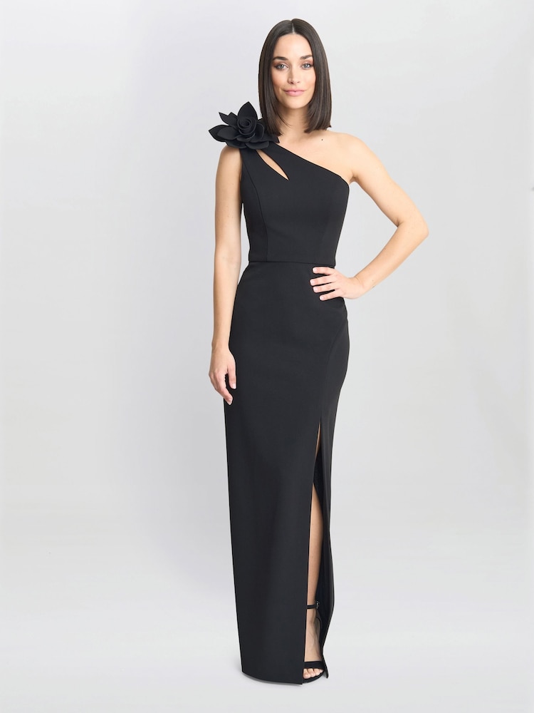 Gina Bacconi Portia One Shoulder Flower Maxi Black Dress - Изображение 1 из 5