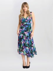 Gina Bacconi Lisbeth Floral Print Chiffon Asymmetric Hem Black Dress - Image 1 of 5