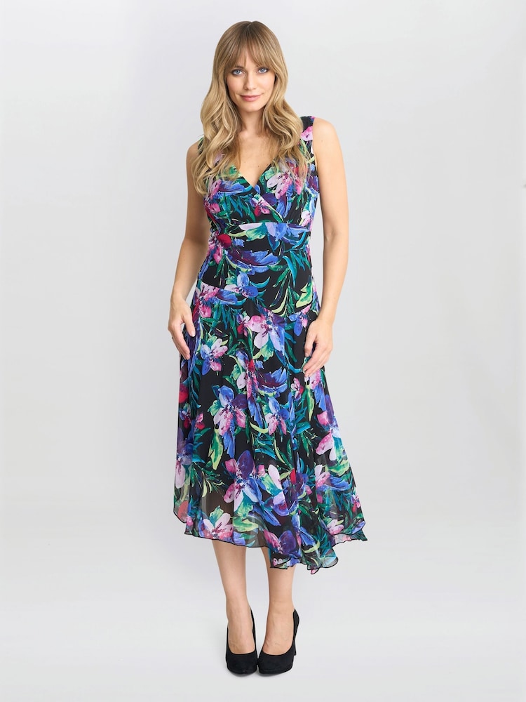 Gina Bacconi Lisbeth Floral Print Chiffon Asymmetric Hem Black Dress - Image 1 of 5