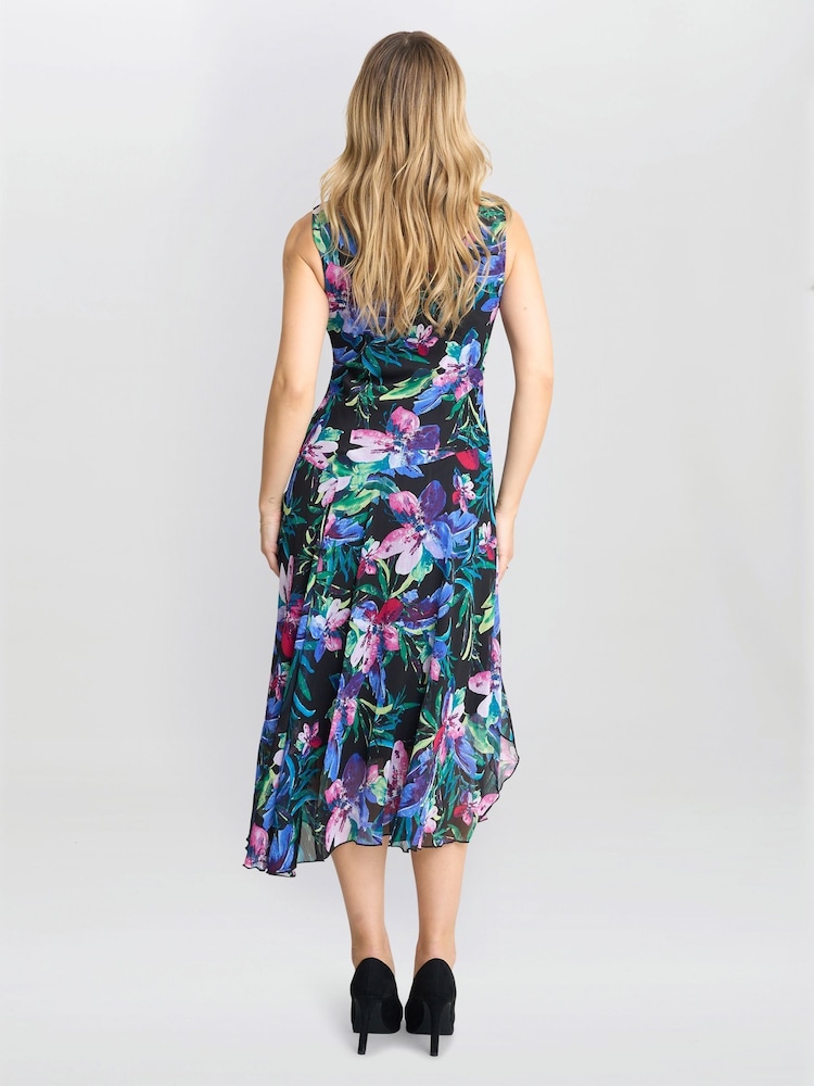 Gina Bacconi Lisbeth Floral Print Chiffon Asymmetric Hem Black Dress - Image 2 of 5