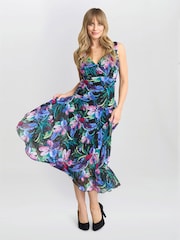 Gina Bacconi Lisbeth Floral Print Chiffon Asymmetric Hem Black Dress - Image 3 of 5