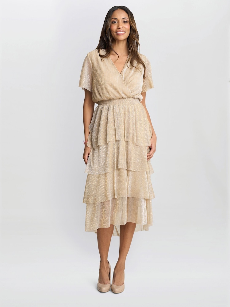 Gina Bacconi Gold Cheri Metallic Knit Tiered Dress - Imagen 1 de 5 Gina Bacconi Gold Cheri Metallic Knit Tiered Dress - Imagen 1 de 5