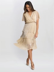 Gina Bacconi Gold Cheri Metallic Knit Tiered Dress - Image 3 of 5