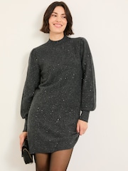 FatFace Charcoal Grey Sparkle Knit Dress - Image 1 of 6