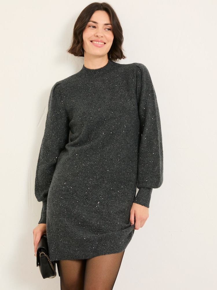 FatFace Charcoal Grey Sparkle Knit Dress - Image 1 of 6