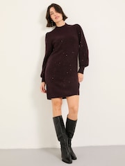 FatFace Burgundy Red Sparkle Knit Dress - Image 1 of 6