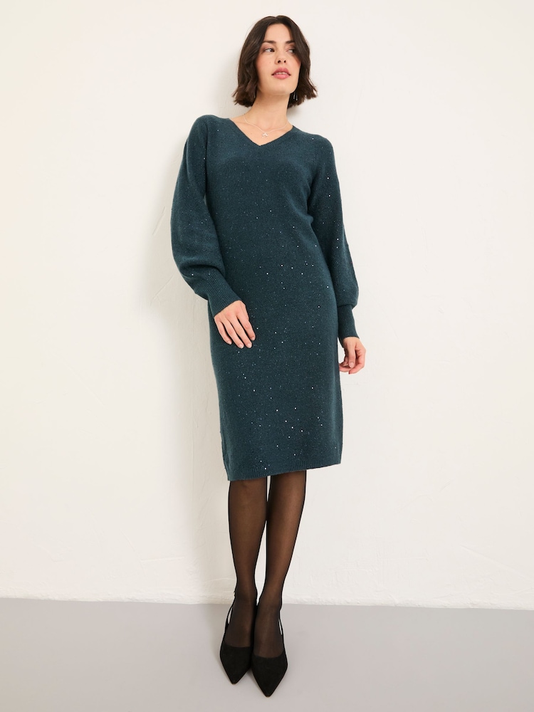 FatFace Teal Blue Sparkle Knit Midi Dress - Image 1 of 6