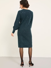 FatFace Teal Blue Sparkle Knit Midi Dress - Image 2 of 6