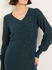 FatFace Teal Blue Sparkle Knit Midi Dress - Image 3 of 6