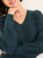 FatFace Teal Blue Sparkle Knit Midi Dress - Image 4 of 6