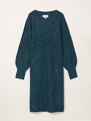 FatFace Teal Blue Sparkle Knit Midi Dress - Image 6 of 6