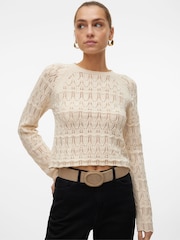 VERO MODA Cream Long Sleeve Crochet Round Neck Top - Image 1 of 6