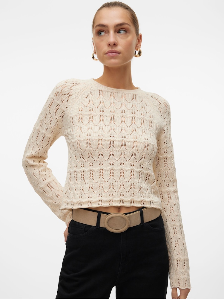 VERO MODA Cream Long Sleeve Crochet Round Neck Top - Image 1 of 6