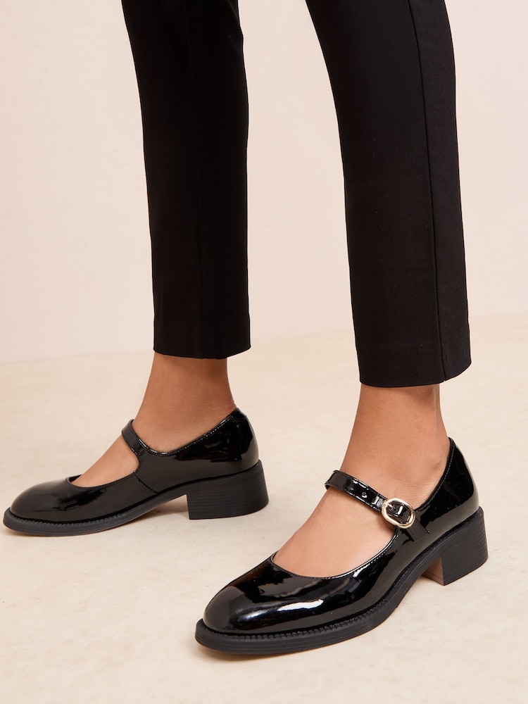 Friends Like These Black Low Block Heel Buckle Patent Faux Leather Maryjane Shoes - Image 1 of 4