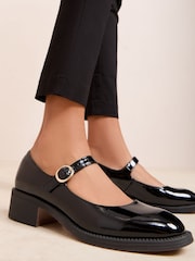 Friends Like These Black Low Block Heel Buckle Patent Faux Leather Maryjane Shoes - Image 2 of 4